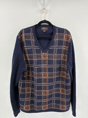 Black Brown 1826 100% Lambswool Men's Navy and Brown Plaid V-Neck Sweater